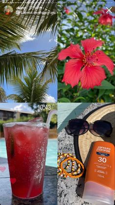 the collage shows different types of beach items and flowers in front of a pool