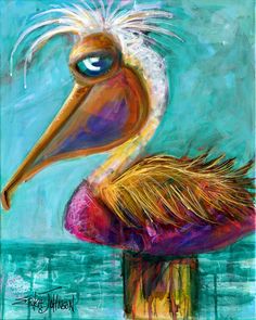 a painting of a pelican sitting on top of a wooden post