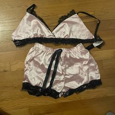 Pink And Black Lace Silky Bralette And Shorts Set. Brand New Never Worn No Tags Online Order. Pink Bra-friendly Sleepwear For Loungewear, Pink And Black, Shorts Set, Short Sets, Pink Black, Women's Intimates, Black Lace, Bralette, Black Pink