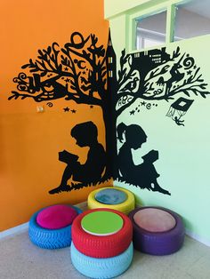 children's playroom with colorful furniture and wall art