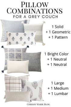 pillow combinations for a grey couch with text overlay that says, pillow combinations for a grey couch