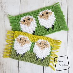 two small crocheted pot holders with sheeps on them, one is green and the other is yellow