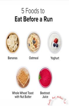 the five foods to eat before a run are shown in this graphic above, which includes bananas, oatmeal, yogurt, and peanut butter