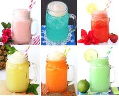 four different colored drinks in mason jars with strawberries and limes