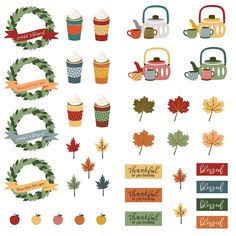 various autumn stickers with leaves and coffee cups