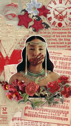 an altered photograph of a woman's face surrounded by flowers and music sheets with red roses