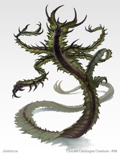 a green and black dragon with horns on it's head, sitting in the air