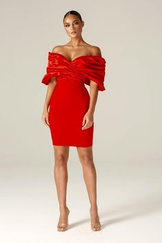 Maribel Crepe Ruffle Shoulder Dress (Red) - Alieva Dupioni Silk Dress, Ruffle Shoulder Dress, Dupioni Silk Fabric, Elegant Bodycon Dress, Perfect Figure, Black Bodycon Dress, Modern Dress, Maxi Dress With Sleeves, The Girl Who