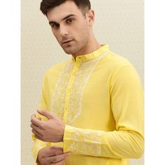 Cotton Bandhgala With Cutdana In Straight Kurta Style, Cotton Bandhgala With Resham Embroidery Long Sleeve, Traditional Fit Long Sleeve Kurta With Dabka, Yellow Traditional Wear With Cutdana And Long Sleeves, Cotton Bandhgala Straight Kurta For Transitional Season, Long Sleeve Yellow Kurta With Cutdana, Yellow Long Sleeve Kurta With Cutdana, Traditional Fit Long Sleeve Kurta For Diwali, Festive Cotton Kurta With Naqshi