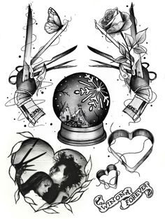 a black and white drawing of a snow globe surrounded by hearts, roses, scissors and other items