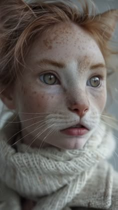 a close up of a cat with freckles on it's head and scarf around its neck