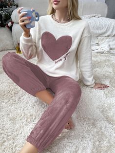 Dusty Pink Cute Collar Long Sleeve  Heart Pant Sets Embellished Non-Stretch  Women Sleep & Lounge Sleepwear Women Pajamas, Women Slogan, Red Pajamas, Heart Letter, Flannel Pajama Sets, Cute Pajamas, Letter Embroidery, Elegant Dresses Long, Women Long Sleeve Tops