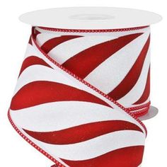 a red and white ribbon with stripes on the side, one roll is shown in full color