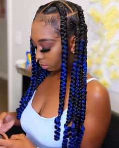 Blue And Black Braids, Black Braids Hairstyles, Coi Leray Braids, Coi Leray, Short Box Braids Hairstyles, African Hair Braiding Styles