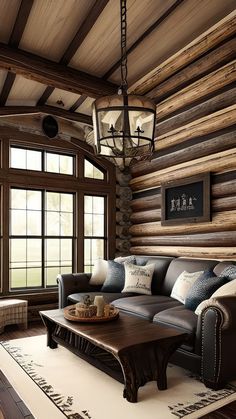 a living room filled with furniture and a large window next to a wooden wall covered in wood planks