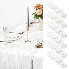 the table is set with white linens and place settings for two people to sit at