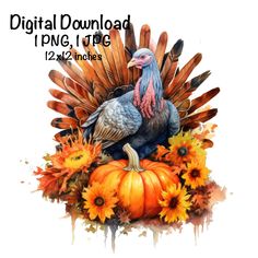 a turkey sitting on top of a pumpkin surrounded by flowers