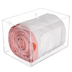 a clear plastic box with two rolls of red and white yarn in the bottom half