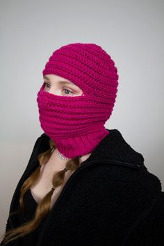 Hot Pink Balaclava OK Crochet Hot Pink Balaclava is designed for everybody. Stretchy stitching and soft material makes it easy and comfortable to wear. You can roll it into a beanie or wear it as a balaclava. This balaclava is made out of high quality wool mix yarn. OK Crochet balaclavas are handmade and every piece is unique. Size may vary 1-2cm. Stretches up to 10cm. Measurements 35cm x 22cm eyehole 15-16cm Weight 150g Material 75% wool, 15% polyamide OK Crochet balaclavas can be handwashed in 40oC You can find OK Crochet on Instagram @okcrochetofficial Pink Full Face Balaclava For Winter, Crochet Full Face Balaclava For Winter, Pink Balaclava, Hot Pink Crochet, Crochet Balaclava, Pink Crochet, Wool Yarn, Soft Material, Making Out