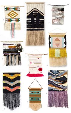 different types of wall hangings with fringes and beads on them, all in various colors