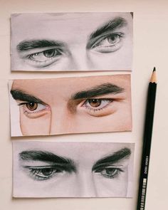 three drawings of eyes with pencils next to them