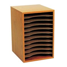 a wooden shelf with many compartments for books and magazines on it's front side