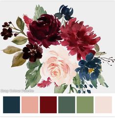 a bouquet of flowers painted in shades of red, pink and blue