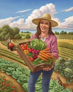 a painting of a woman holding a box full of vegetables and carrots in a field