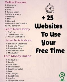 a pink poster with the words 25 web sites to use your free time