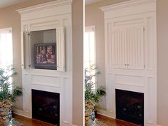 two pictures of a living room with fireplaces and plants in vases on the mantel