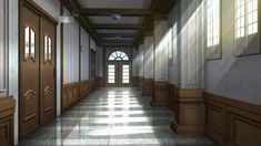 an empty hallway with wooden doors and windows