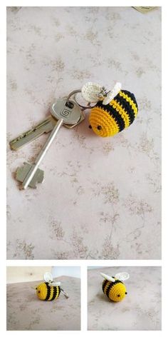 a crocheted bee keychain is shown with two keys attached to it