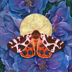 an orange and black moth sitting on top of purple flowers with a full moon in the background