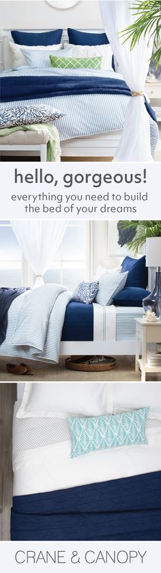 a bed with blue and white sheets, pillows and blankets on top of each other