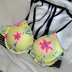 34 B Victoria's Secret "Pink" Neon Yellow Floral Push Up Bra Brand New Without Tags Wear Everywhere Push Up Ties From The Front Clasp Green Stretch Bra For Spring, Spring Green Stretch Bra, Spring Floral Print Multicolor Bra, Summer Yellow Bra With Comfort Fit, Pink Floral Print Beach Bra, Yellow Summer Bra, Summer Yellow Bra, Multicolor Beach Bra For Spring, Pink Bra For Spring Vacation