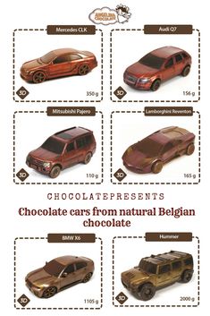 chocolate cars from natural belgium are shown in four different colors and sizes, with the words chocolate