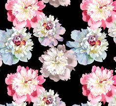 a black background with pink, white and blue flowers in watercolng style on it