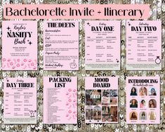 the bachelor party flyer is shown in pink and black, with images of women on it