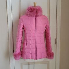 This Is Stunning, High End And Substantial, Photos Don't Do This Justice Zips Up The Front Two Front Zipper Pockets Barbie Pink Satin Lining Bodycon 31" Top To Bottom In Length I Live In Az, Only Worn Once Barbie Puffer Jacket, Fur Puffer Jacket, Pink Fox, Pink Satin, Fox Fur, Puffer Jacket, Front Zipper, Zipper Pocket, Puffer