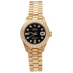 Absolutely gorgeous rolex watch Solid gold. Perfect craftsmanship rolex is well known for. In pristine condition (Pre-owned). Rolex Oyster Perpetual Datejust President model. Gender: Women Movement: Fully Automatic movement winds itself when worn. Case: Yellow gold oyster case Bracelet: Yellow gold president style bracelet Dial: Black diamond dial with approx. 0.45 carats round & baguette diamond hour markers(custom added) Bezel: Approx. 0.90 carat F VS1 diamonds bezel(Custom added) Case Siz Rolex Presidential, Rolex Date, Gold Rolex, Breitling Watches, Amazing Watches