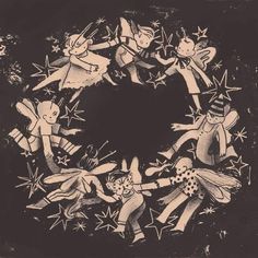 an old black and white drawing of people in a circle with stars on the bottom