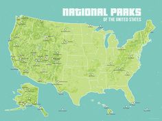 the national parks of the united states are shown in green and white, along with map pins