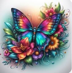 a colorful butterfly with flowers on it's wings