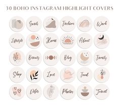 30 boho instagram highlight covers with the words, i love you and other things