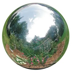 an image of a mirror ball in the middle of a field with flowers and trees