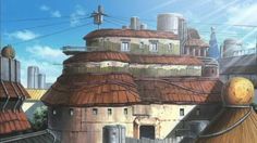 an anime scene with rooftops and buildings in the background