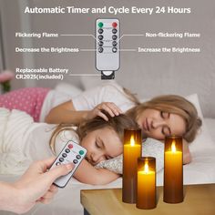 a woman laying in bed next to three candles with remotes on each side and an automatic timer for every 24 hours