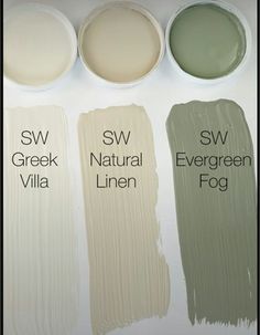 four different shades of white paint with the words sw, green, neutral, and evergreen fog