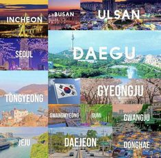 there are many different pictures with the names of cities in each country on this page