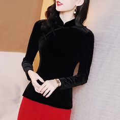 Lady Velvet Cheongsam Shirt Retro Slim Fit Tops Long Sleeve Button Blouse Ethnic | eBay Cheongsam Shirt, Chinese Shirt, Velvet Shirt, Shirt Blouses Tops, Slim Fit Top, Elegant Blouses, Collars For Women, Cheongsam, Fashion Tops